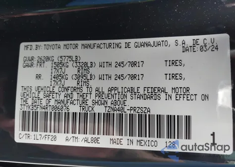 2024 Toyota Tacoma Sr5 2Wd z USA, uszkodzony, nr VIN 3TYKB5FN4RT006076
